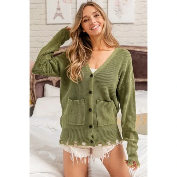 BiBi Vintage Olive Oversized VINTAGE WASHED V-NECK SWEATER CARDIGAN with Pockets - Picture 3 of 3
